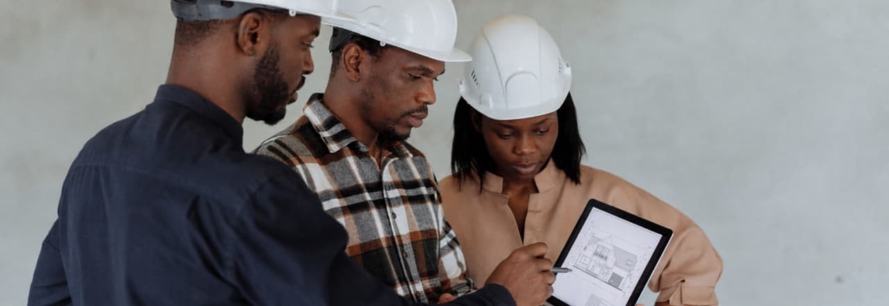 Trois ingénieurs en casque de chantier examinant un plan sur une tablette.