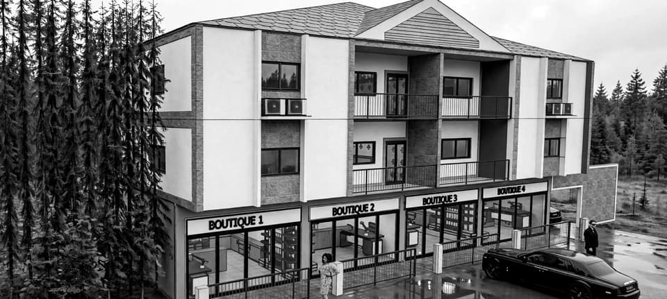 Vue extérieure : boutiques au rez-de-chaussée et deux niveaux résidentiels au-dessus. Visualisation de conception.