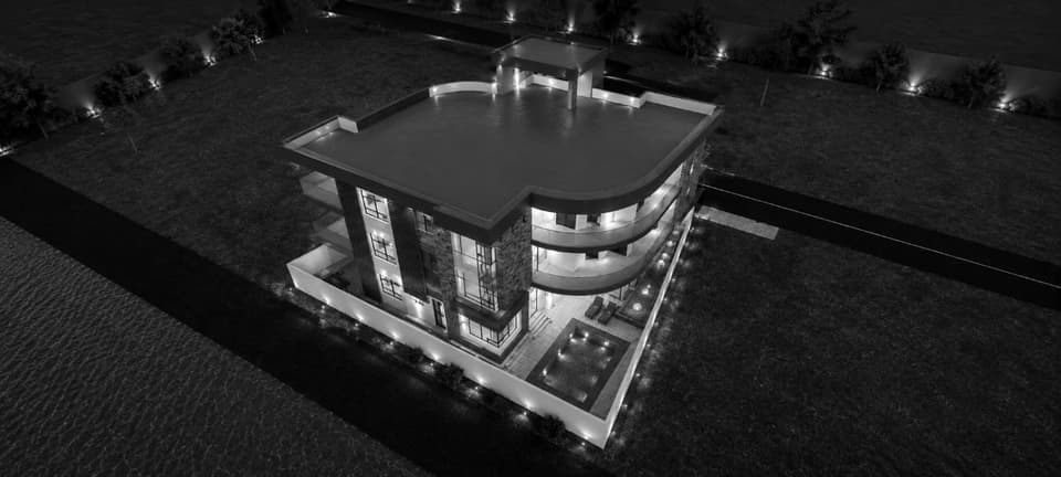 Vue aérienne du volume des duplex jumelés ; détail de l’entrée et du parking couvert. Visualisation de conception.