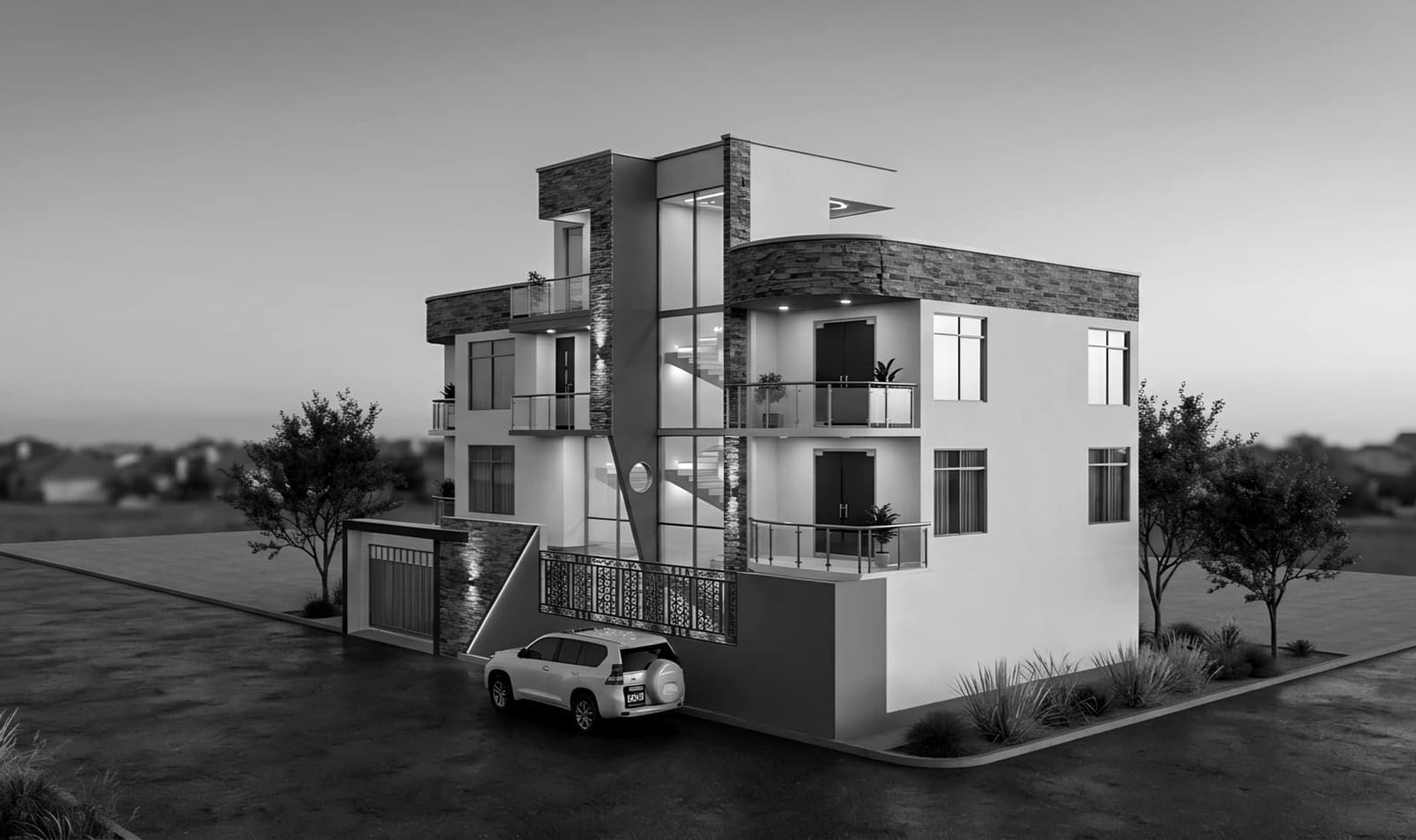 Vue extérieure de la villa en duplex jumelés au crépuscule. Visualisation de conception.