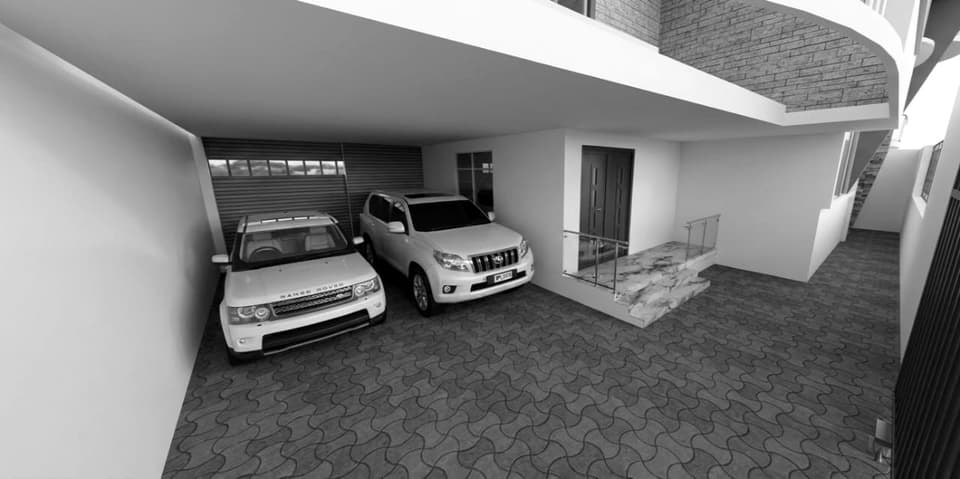 Vue aérienne du volume des duplex jumelés ; détail de l’entrée et du parking couvert. Visualisation de conception.
