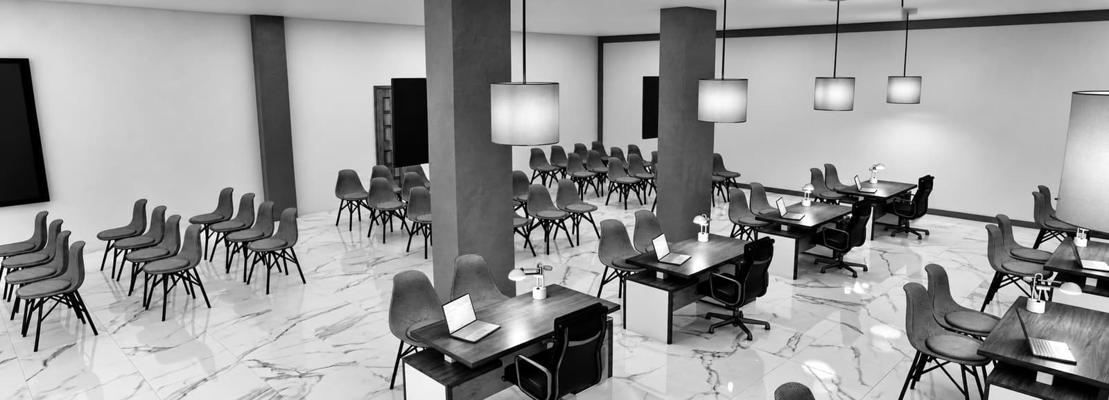 Vue intérieure du hall clients : postes des conseillers et rangées de sièges d’attente. Visualisation de conception.
