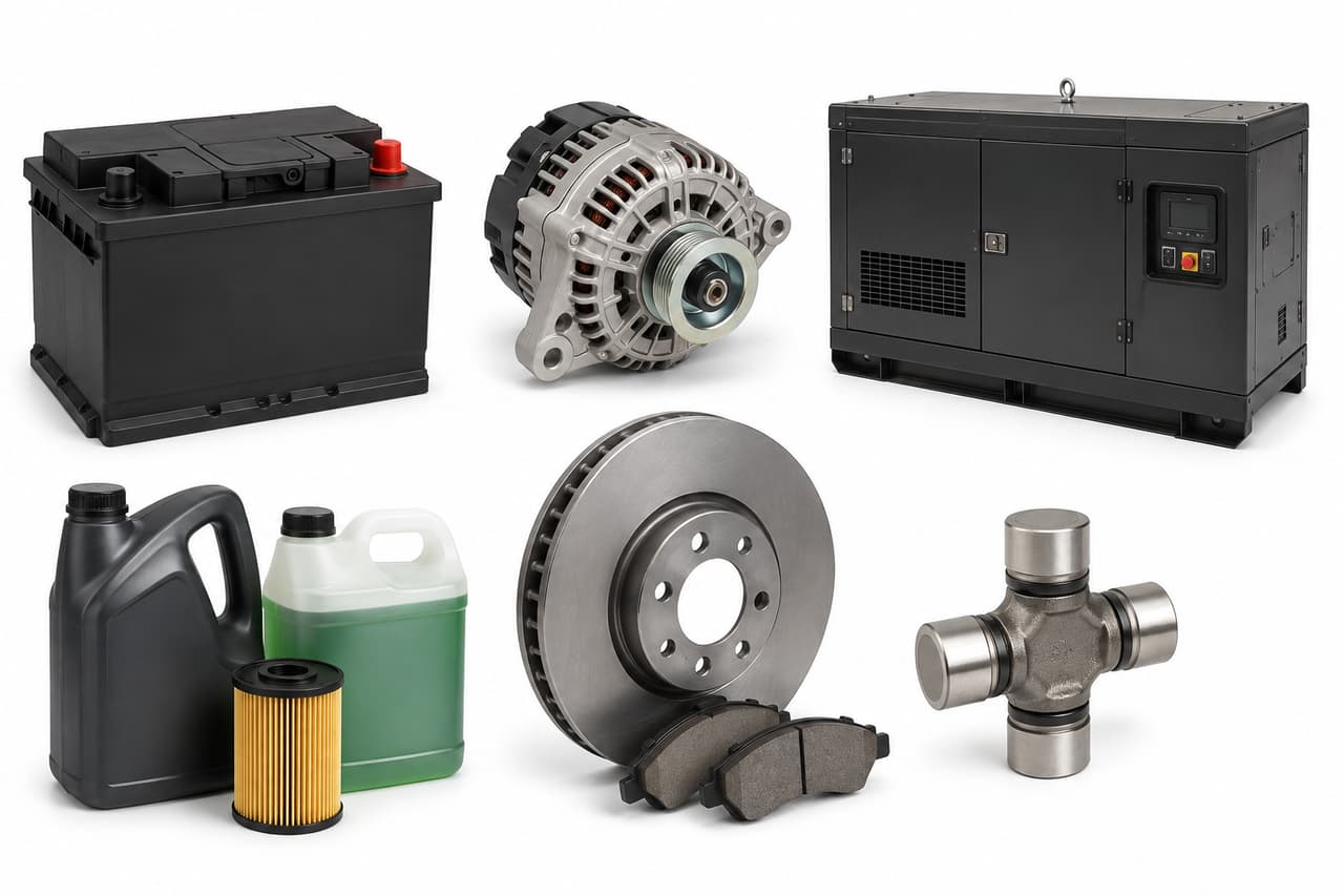 Pièces d’entretien pour véhicules et engins, batteries, pneumatiques, groupes électrogènes et équipements d’appui aux opérations de site.