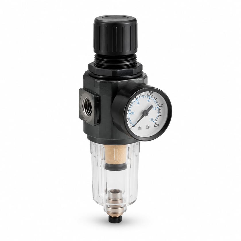 Unité FRL filtrant, régulant et lubrifiant l’air en un seul module.