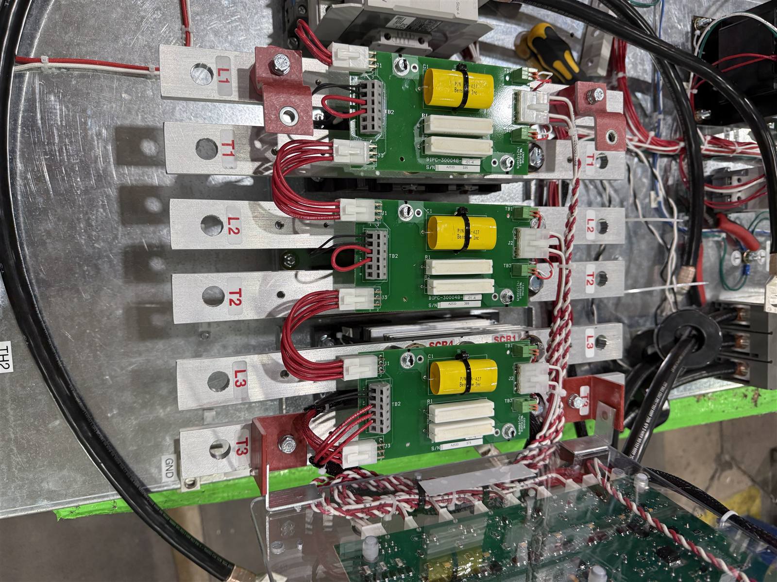 SCR power stack boards mounted on busbars